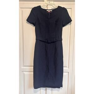 Boden Size 4 Pencil Dress Belted Midi Swiss Dots Navy Blue Classic Preppy